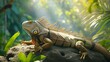 An iguana basking on a sunlit rock with a lush jungle background