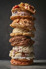 Poster - A towering stack of various ice cream sandwich flavors on a dark background