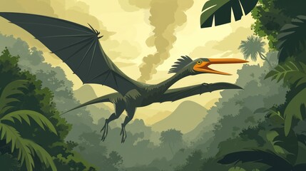 Wall Mural - flying dinosaur, pterodactyl, flying high in sky in prehistoric environment. photorealistic.