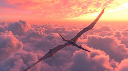 Wall Mural - flying dinosaur, pterodactyl, flying high in sky at sunrise. photorealistic.