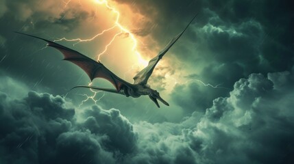 Wall Mural - flying dinosaur, pterodactyl, flying in thunderstorm. photorealistic.
