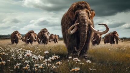Wall Mural - a group of mammoth walking in grass land in ancient prehistoric enviroment.