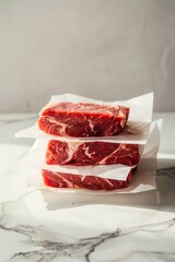 Poster - Fresh raw beef steaks stacked on white butcher paper in natural light