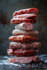 Canvas Print - A stack of various sliced cured meats on a rustic background with spices.