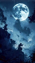 High In The Mountains, Two Rival Ninja Clans Face Off Under The Soft Glow Of The Full Moon. Anime Looping Video Background Animation