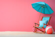 Blue umbrella providing shade over a striped lounge chair with a pink and white beach ball, against a pink backdrop. Summer leisure and holiday concept. Design for vacation promotions, sunny retreats