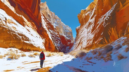 Canvas Print - Hiker hiking in winter in rugged lands with snow.