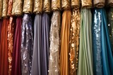 Fototapeta  - Venetian Carnival: Palazzo Pants Display and Sequined Fabric Swatches Gala