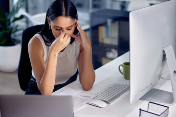 Poster - Computer, desk and woman in office with headache, fatigue and burnout from work deadline. Technology, stress and tired or strain for female lawyer at workplace, migraine and pain from overwork