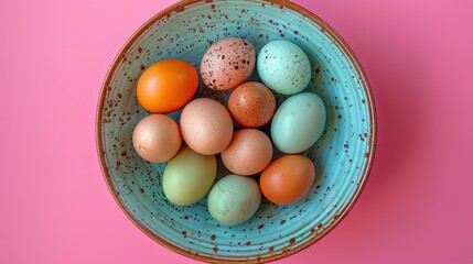 Poster -   A blue bowl holds eggs, nestled atop a pink-orange tablecloth Speckled eggs populate the bowl