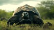 A giant tortoise slowly navigating the unique landscape