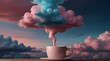  cup of coffee with pink and blue clouds floating above it, the cloud is melting into raindrops.generative.ai