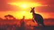 A kangaroo and its joey against the outback sunset