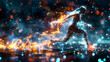 Captivating visual of a runner's silhouette, pulsating with sparkling energy and light, symbolizing speed and motion.