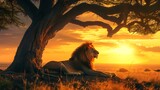 A majestic lion resting under the shade of an acacia tree at sunset