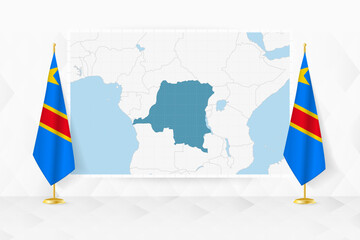 Wall Mural - Map of DR Congo and flags of DR Congo on flag stand.