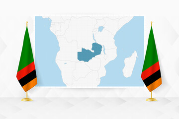 Wall Mural - Map of Zambia and flags of Zambia on flag stand.