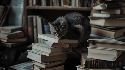 Serene Kitty Resting on a Tower of Books, Finding Peace and Wisdom in Literary Heights