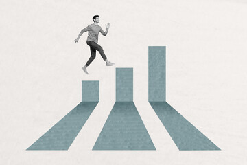Wall Mural - creative collage image young running man climb upstairs columns achieve results target goal persiste