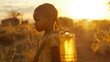 The concept of drought, struggle and deprivation. A little black girl carries a large container of water on her back. She is standing in a field