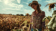 A sad, upset farmer woman in a straw hat looks at a withered field of sunflowers. The concept of drought and crop failure