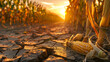 A spoiled corn cob in close-up. A dry cornfield with the setting sun. The corn stalks are tall, and the ground is dry and cracked.