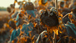 A close-up of a withered withered sunflower flower with a dried spoiled middle. Drought in agricultural sunflower fields.
