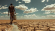 Drought in Africa. A black man walks through the desert with a large container of water in his hand.