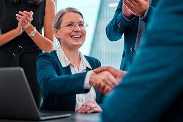 Poster - Laptop, applause and businesswoman with handshake, smile and boardroom for negotiation, boss and client. Collaboration, partnership and meeting for project, agreement and publicist for politics