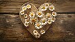 Celebrate the beauty of love with a heart brimming with tender daisy blossoms set against a rustic brown wooden backdrop perfect for a wedding invitation or heartfelt birthday greetings