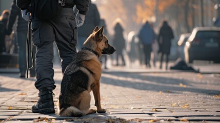 police dog on duty patrol with a police officer in a large city street