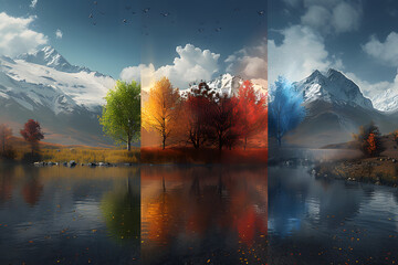 Wall Mural - A landscape featuring elements of all four seasons in a single frame