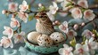 Bird Sitting on Plate Surrounded by Eggs and Flowers
