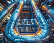 Capture the intricate network of pipes and machinery from a dynamic low angle in a water treatment facility Highlight the craftsmanship and precision of the engineering processes involved