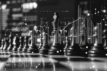 A chessboard with analytical graphs and charts in the background, representing the link between strategy and analysis 