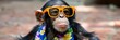 Chimpanzee in fashionable hawaiian shirt and trendy orange sunglasses for a chic appearance