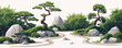 A peaceful Zen garden with carefully raked gravel, moss-covered rocks, and sculpted bonsai trees. Vector flat minimalistic isolated illustration.