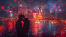 The Tender Silhouettes Of A Couple Sharing A Kiss Atop A Rooftop, Framed By The Glittering Lights Of A Sprawling Metropolis Below