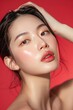 Young Asian beauty woman pulled back hair with korean makeup style touch her face and perfect skin on isolated one color background - generative ai