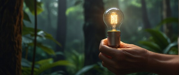 Outdoor Tropical senior travel and camping alone at natural park in Thailand. Recreation and journey outdoor activity lifestyle, Hand holding light bulb against nature on green leaf with energy source