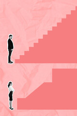 Poster - Collage business concept illustration of two different workers have two ways in career opportunities stairs isolated on pink background