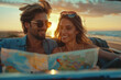 Joyful Couple with Map on Sunset Road Trip in Convertible