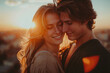 Romantic Couple Embracing at Sunset with Beautiful Backlight