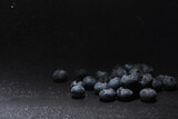 Fototapeta Zwierzęta - Water drops on ripe sweet blueberry. Fresh blueberries background with copy space for your text. Vegan and vegetarian concept. Macro texture of blueberry berries.