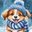 Portrait of a cute puppy dressed in a knitted hat and scarf in winter. AI generated.