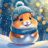 Fototapeta Lawenda - Portrait of a cute cute hamster dressed in a knitted hat and scarf in winter. 