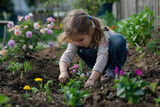 Fototapeta  - Young Girl Planting Flowers in a Vibrant Garden