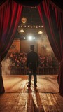 Fototapeta  - Man standing in front of a stage with a microphone. Magician concept background. 