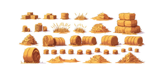 Hay bales, piles, heaps and stacks set. Isolated on background. Cartoon. vector