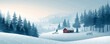 A tranquil snowy landscape with frosted pine trees and a cozy cabin tucked away in the woods. Vector flat minimalistic isolated illustration.